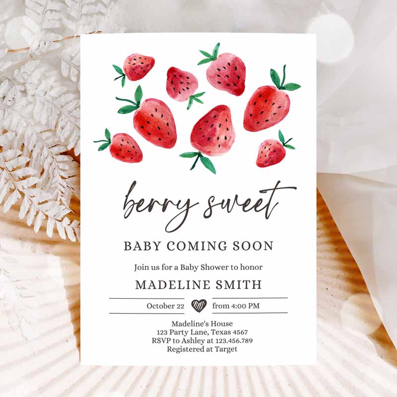 Strawberry Baby Shower Invitation, Cute Berry Sweet Baby Girlrawberries Summer