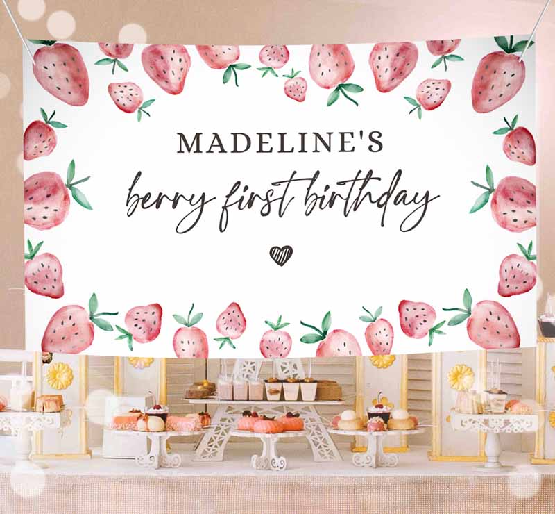 Strawberry Backdrop Banner, Strawberry Berry First Kids Birthday, Girlrawberries Berry Sweet