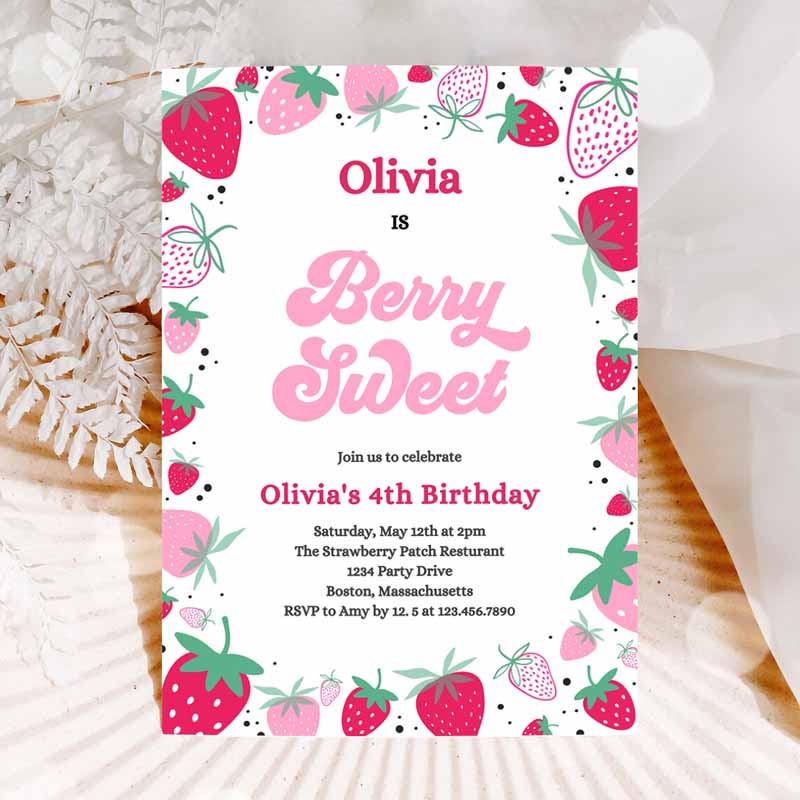 Strawberry Kids Birthday Invitation, Berry Sweet Kids Birthday Invitation, Summer Berries Any Age Berry Sweet Party