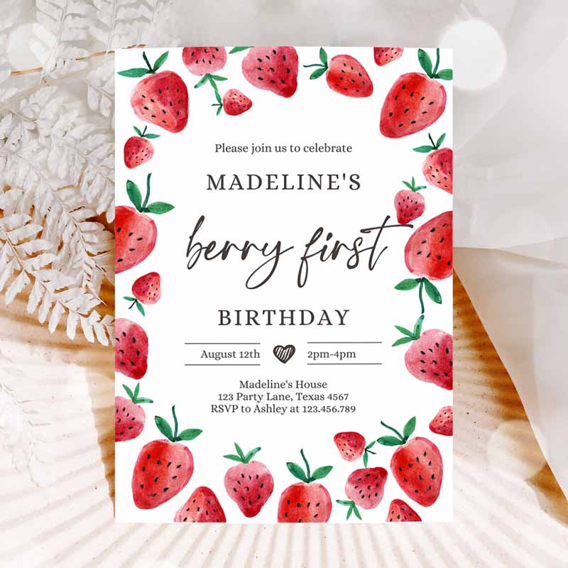 Strawberry Kids Birthday Invitation, Berry Sweet Girl Cuterawberries