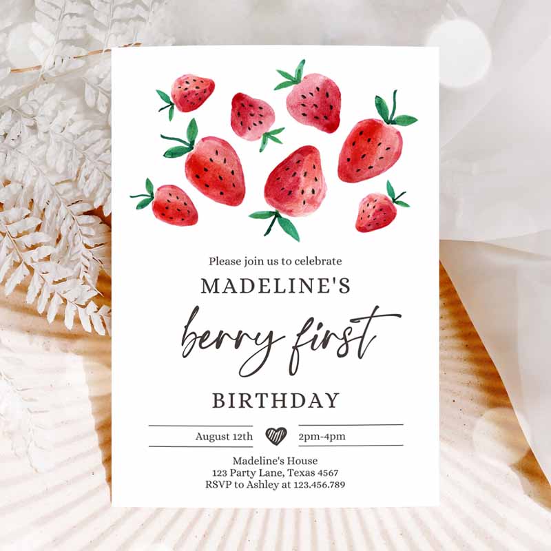 Strawberry Kids Birthday Invitation, Berry Sweet Girl Cuterawberries Party Invitation