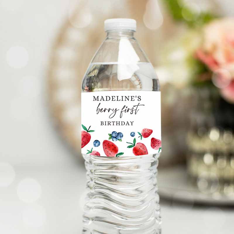 Strawberry Blueberry Water Bottle Labels Berry First Kids Birthday, Decor Berry Sweet Kids Birthday Party