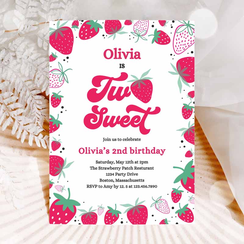 Strawberry Two Sweet Kids Birthday Invitation, Two Sweet Strawberry Kids Birthday, Summer Berries Party