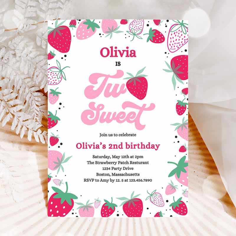 Strawberry Two Sweet Kids Birthday, Invite Two Sweet Strawberry Kids Birthday, Summer Berries Party