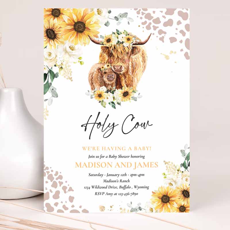 Sunflower Cow Baby Shower Invitation, Holy Cow We're Having A Baby Summer Highland Cow Baby Shower Invitation