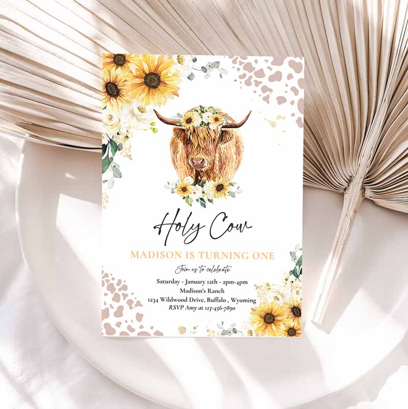 Sunflower Cow Kids Birthday, Holy Cow I'm One Party, Summer Floral Highland Cow Party, Template