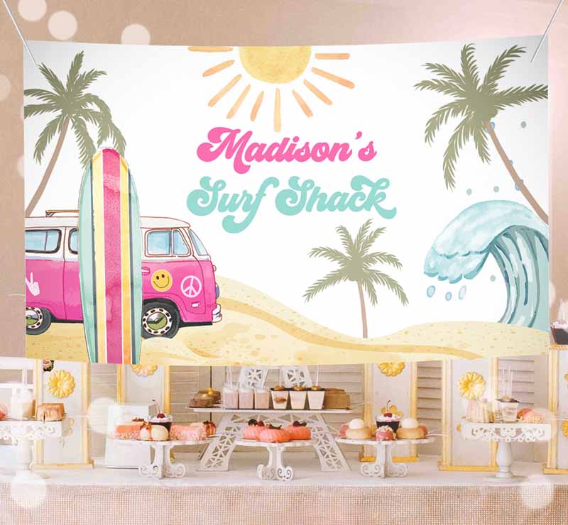 Surf Kids Birthday, Backdrop Banner, Surf's Up Kids Birthday, Girl First Surfinge Big One Surf Shack