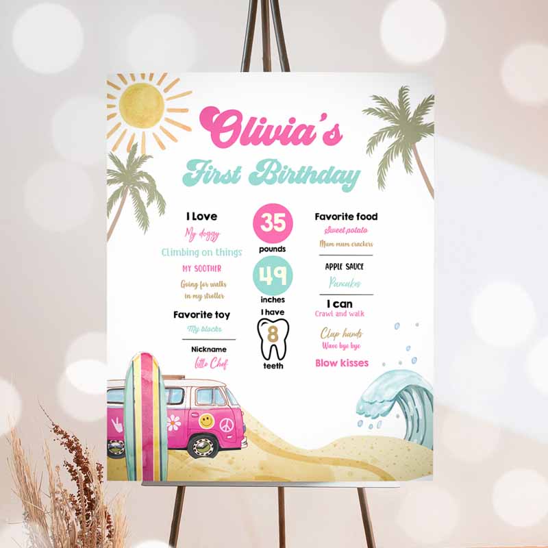 Surf Kids Birthday, Girl Big One Surfs Up Surfing Board Pink Van Retro Beach Party