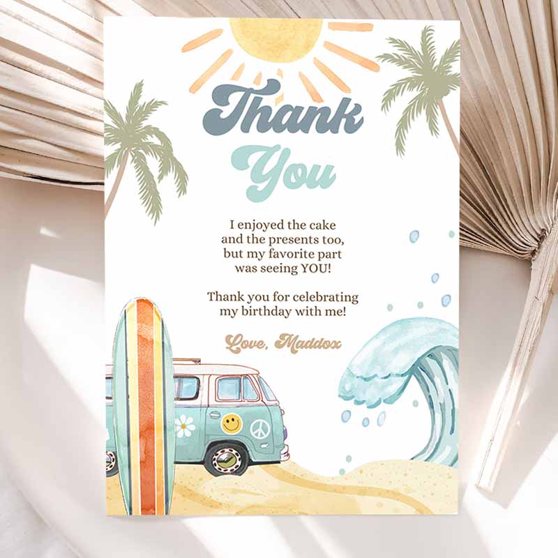 Surf Thank You Card Surfboard Kids Birthday, Thank Your Note Retro Boy Beach Party, Wave Surfer