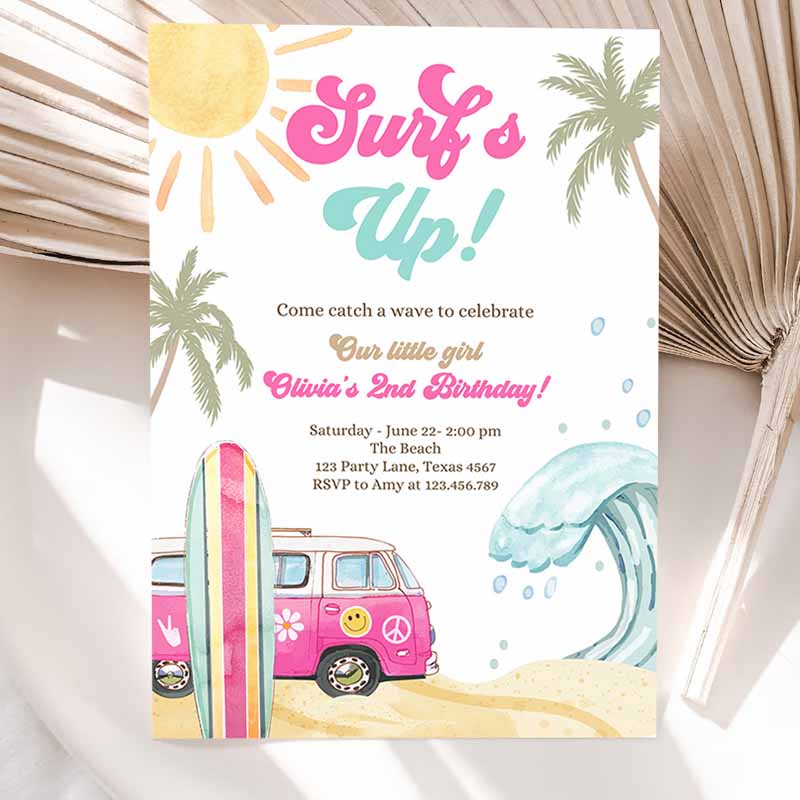 Surf Up Kids Birthday, Retro Surfboard Beach Party, Wave Surfere Big One