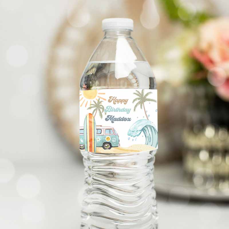 Surf Water Bottle Labelse Big One Party, Decor Surf Kids Birthday, Retro Boy Surfboard Labels