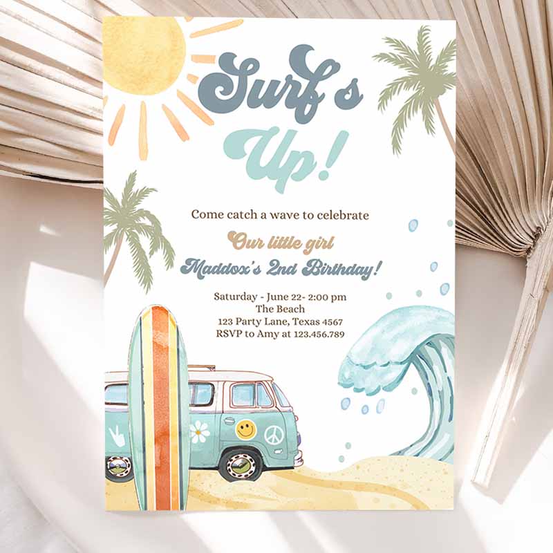 Surf's Up Kids Birthday, Retro Surfboard Beach Party, Wave Surfere Big One