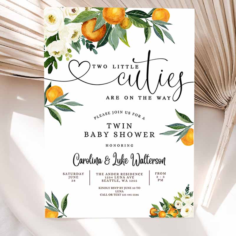 TWINS Two Little Cuties are one Way Greenery Orange Gender Neutral Baby Shower Invitation