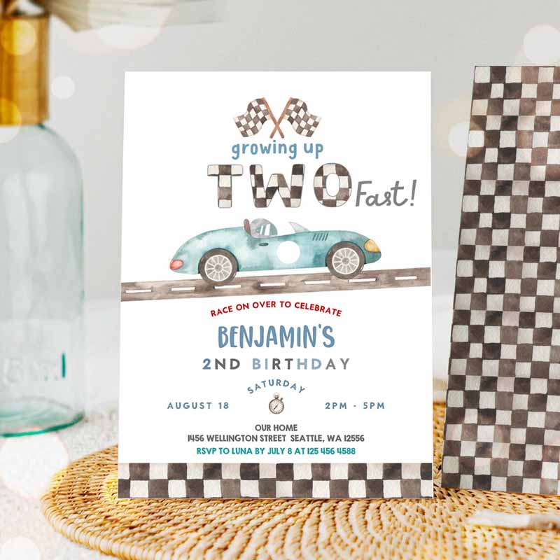 TWO Fast Kids Birthday Invitation, Race Car Kids Birthday Invitation, Car Race Kids Birthday Party