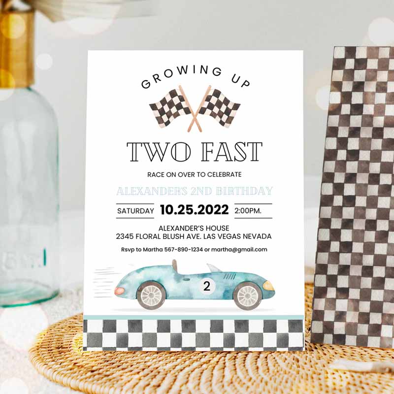 TWO Fast Kids Birthday Invitation, Race Car Kids Birthday, Invite Racing Car Vintage Racecar