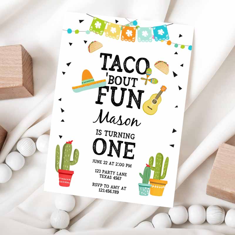 Taco Bout Fun Kids Birthday Invitation, Boy First Fiesta Cactus Sombrero Blue Invitation