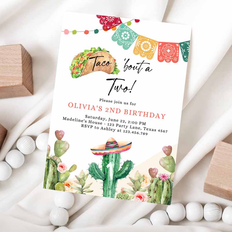 Taco Bout Two Kids Birthday Invitation, ANY AGE Girl Boy Cactus Fiesta Mexican Second Kids Birthday