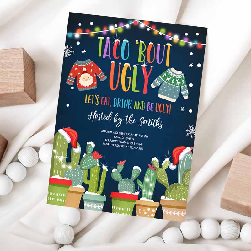 Taco Bout Ugly Sweater Christmas Invitation, Fiesta Cactus Mexican Holiday Feliz Navidad