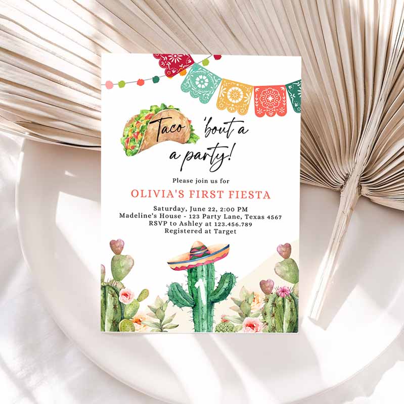 Taco Bout a Party, Kids Birthday Invitation, Fiesta ANY AGE Cactus Mexican Floral Cinco de Mayo