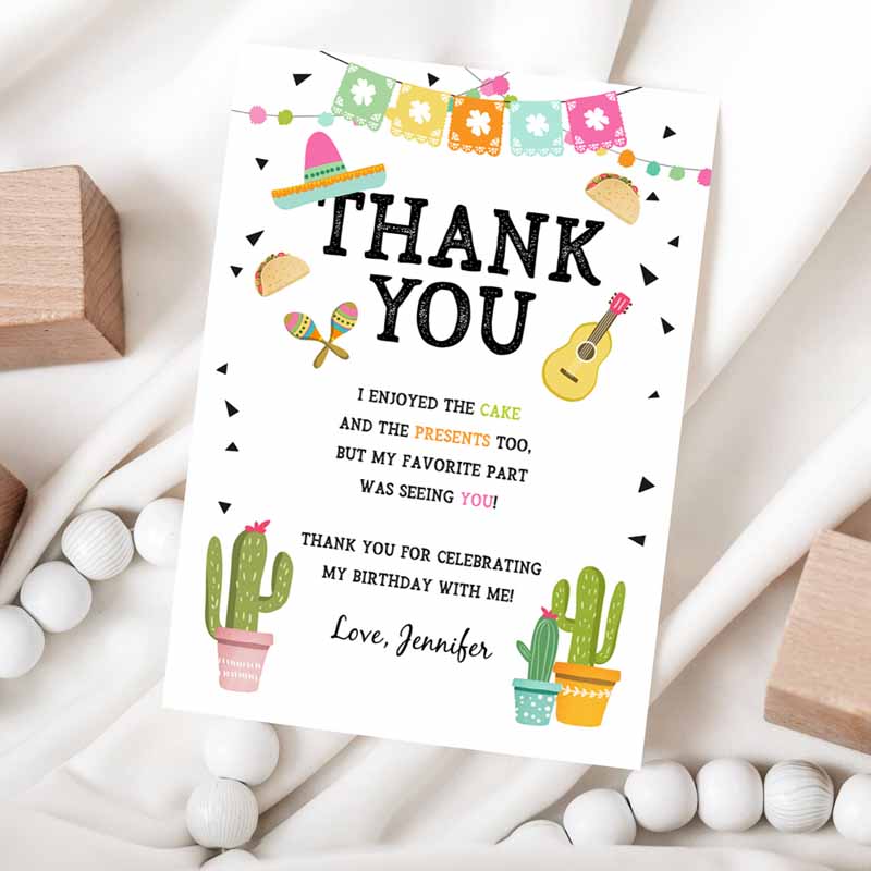 Taco Fiesta Thank You Card Kids Birthday Party, Baby Bridal Shower Cactus Succulent Mexican Green Pink