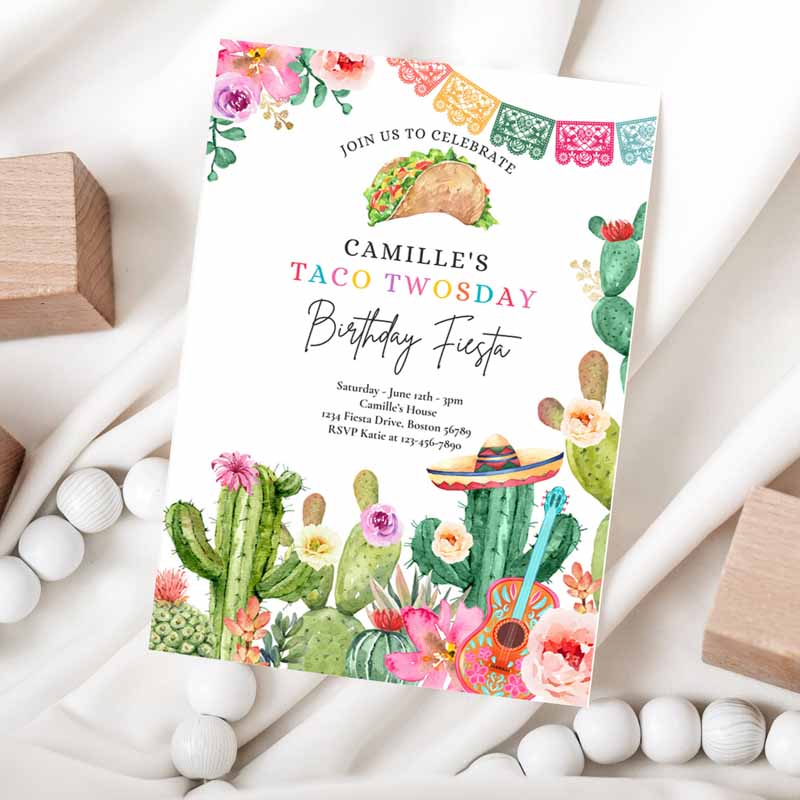 Taco Twosday Kids Birthday, Fiesta Party Invitation, Fiesta Kids Birthday Party, Watercolor Cactus Mexican Kids Birthday Party