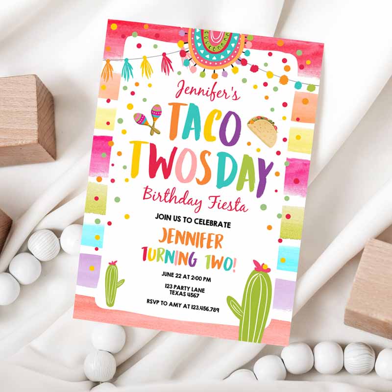 Taco Twosday Fiesta Kids Birthday Invitation, Cactus MexiCan'tacos Girl Cactus