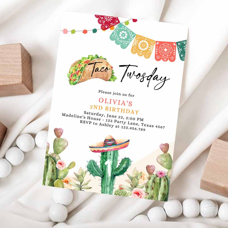 Taco Twosday Fiesta Kids Birthday Invitation, Cactus MexiCan'tacos Girl Cactus Template