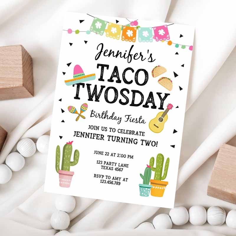 Taco Twosday Invitation, MexiCan'twosday Kids Birthday, Fiesta Kids Birthday, Girl Pink Mint