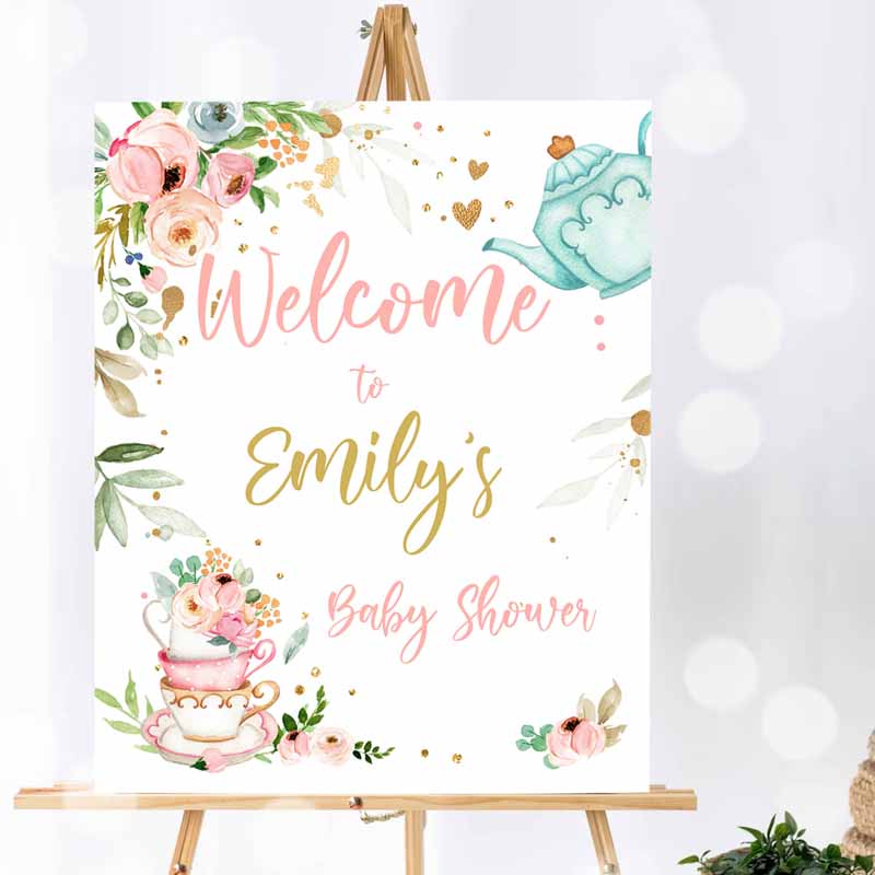 Tea Baby Shower Welcome Sign, Baby is Brewing Floral Pink Gold Whimsical Girl Shower Garden Party