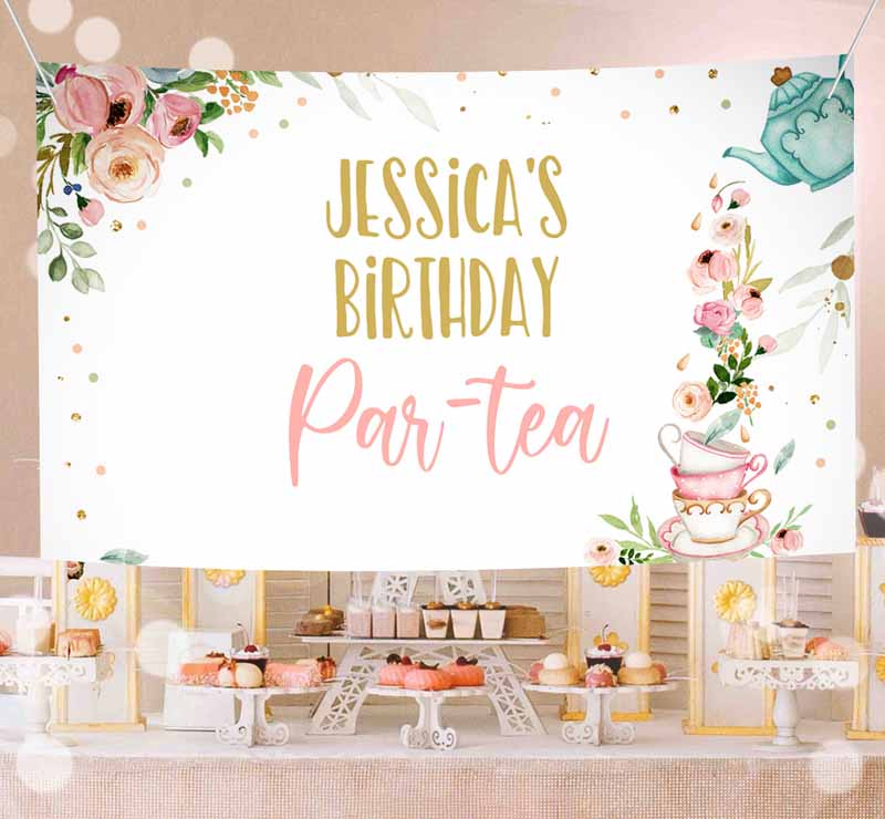 Tea Kids Birthday, Backdrop Tea for Two Kids Birthday, Girl Pink Gold Floral Tea Party, Par-tea Whimsical Tea