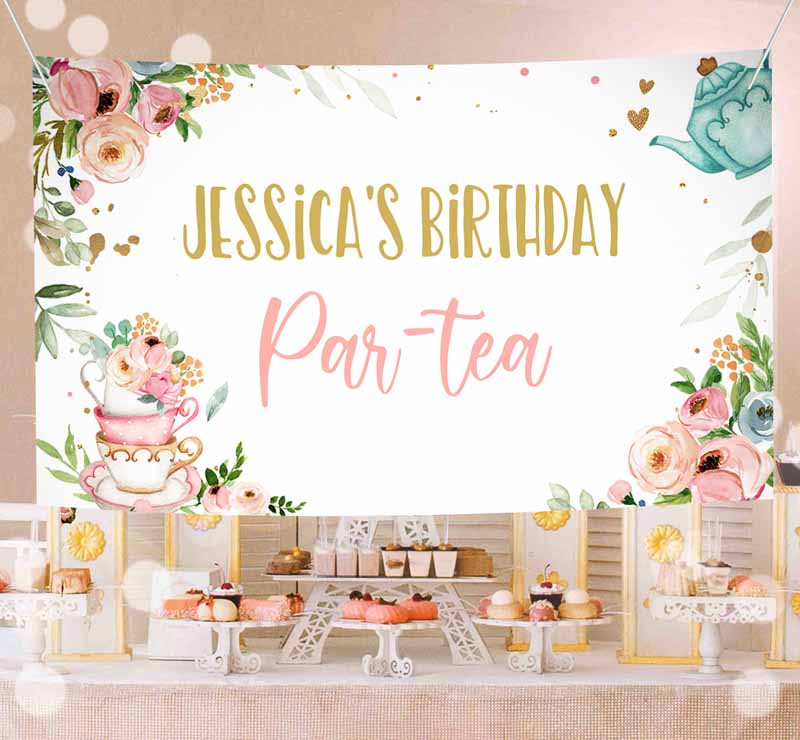 Tea Kids Birthday Party, Backdrop Tea for Two Kids Birthday, Girl Pink Gold Floral Tea Party, Par-tea Whimsical Tea