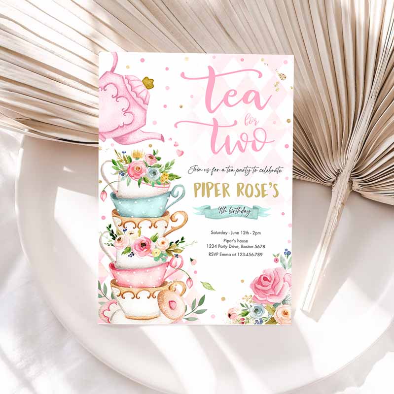 Tea For Two Kids Birthday Invitation, Tea For Two Kids Birthday Party, Pink Gold Floral Whimsical Tea Party