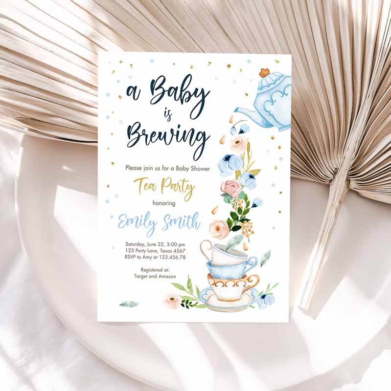 Tea Party, Baby Shower Invitation, Tea Shower Sprinkle Floral Blue Boy Gold Brunch Bubbly