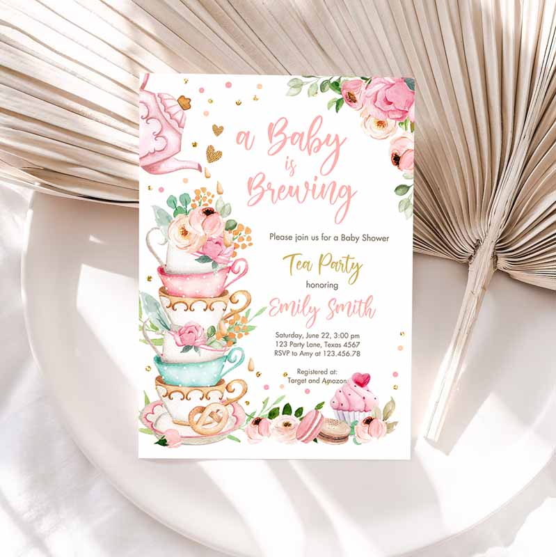 Tea Party, Baby Shower Invitation, Tea Shower Sprinkle Floral Pink Gold Blush Brunch Bubbly