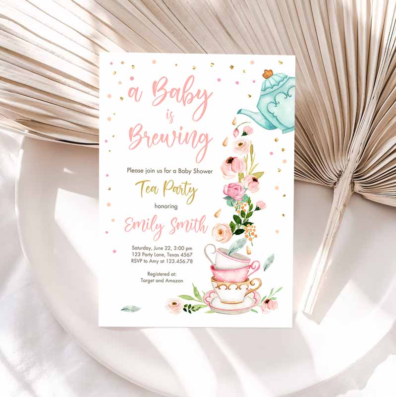 Tea Party, Baby Shower Party Invitation, Tea Shower Sprinkle Floral Pink Gold Blush Brunch Bubbly