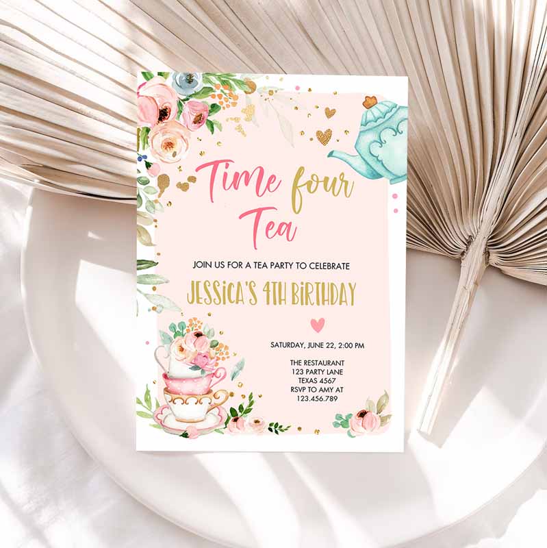 Tea Party, Kids Birthday Invitation, Four Par-Tea Kids Birthday, Invite Pink Gold Floral