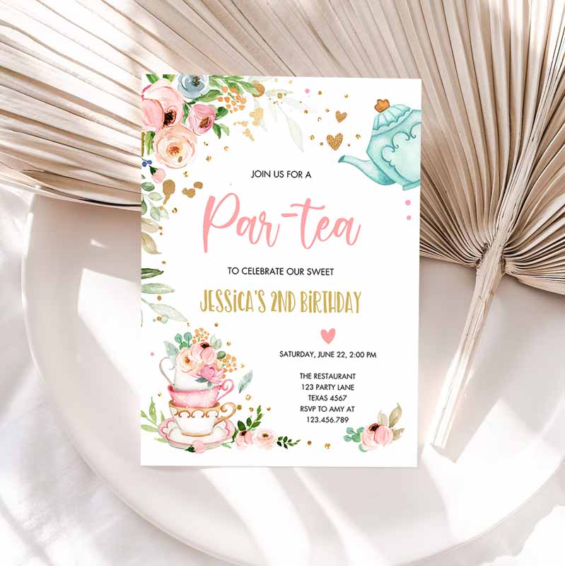 Tea Party, Kids Birthday Invitation, Par-Tea Kids Birthday, Invite Pink and Gold Floral Whimsical