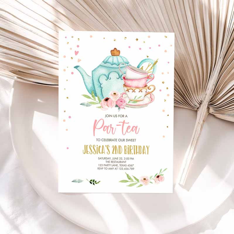 Tea Party, Par-Tea Kids Birthday, Invite Pink and Gold Floral Whimsical