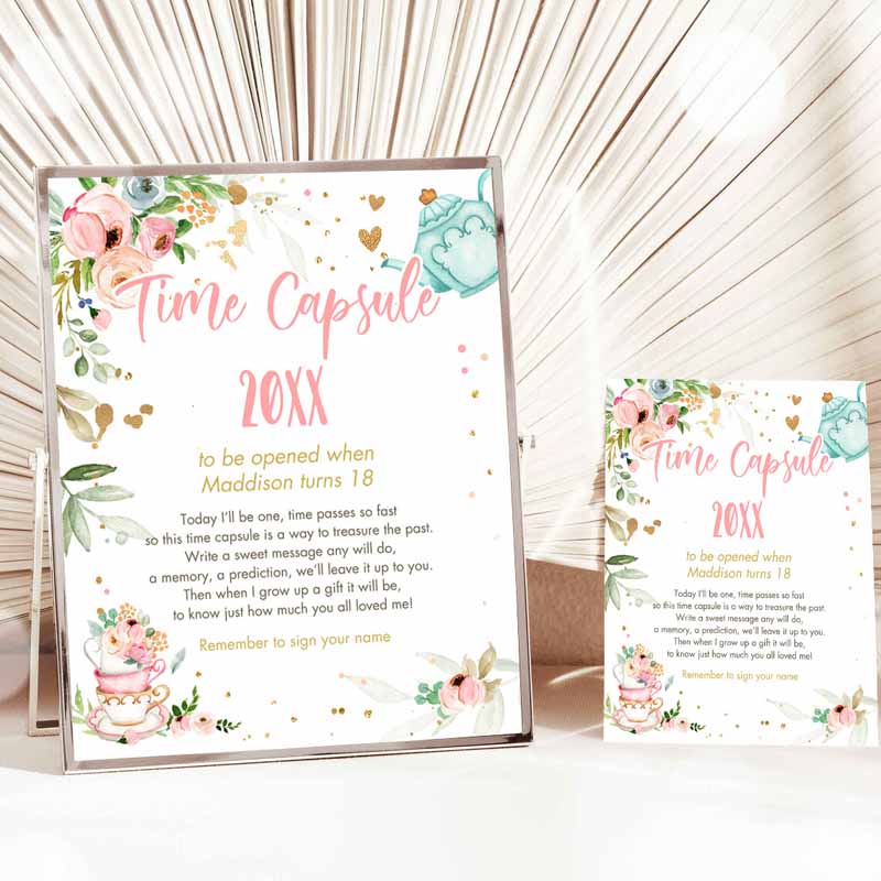 Tea Party, Time Capsule Kids Birthday Party, Baby Shower Sprinkle Floral Pink Gold Blush Bubbly Guestbook