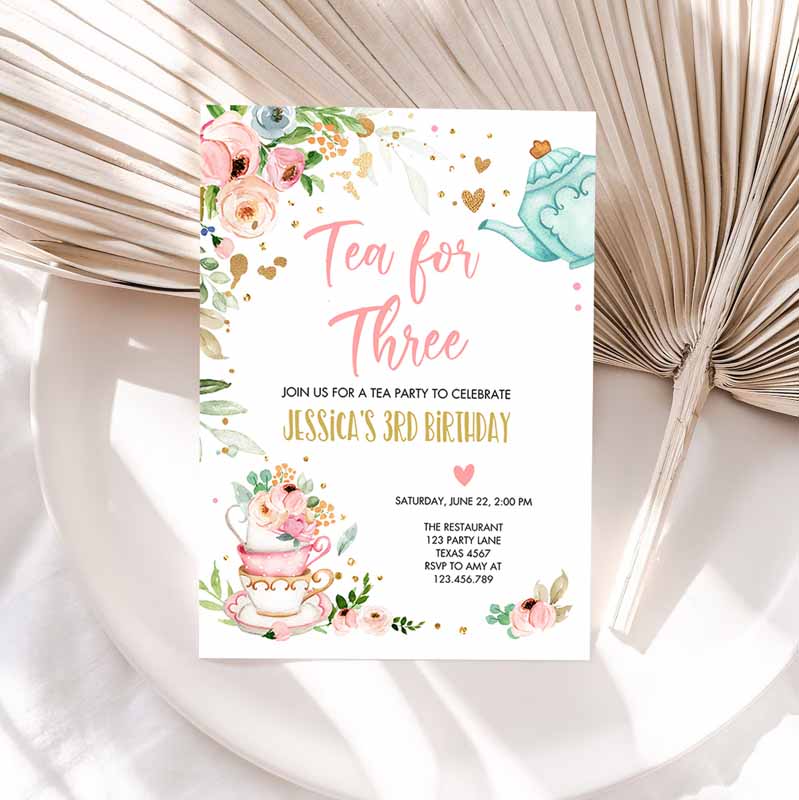 Tea forree Kids Birthday Invitation, Girl Tea Party, Invite Pink Gold Floral Kids Birthday, Par-tea