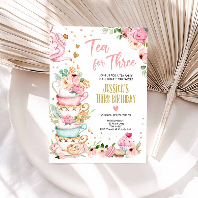 Tea forree Kids Birthday, Invite Girl Tea Party, Invite Pink Gold Floral Peachird Kids Birthday