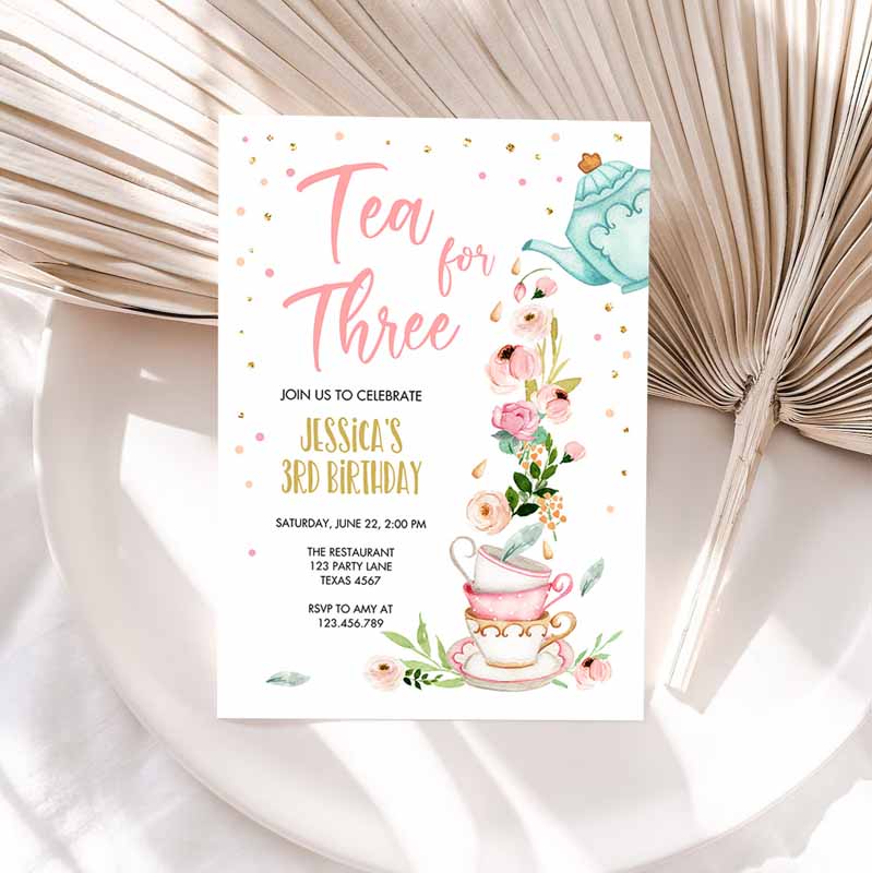 Tea forree Kids Birthday, Girl Tea Party, Invite Pink Gold Floralird Kids Birthday, Par-tea