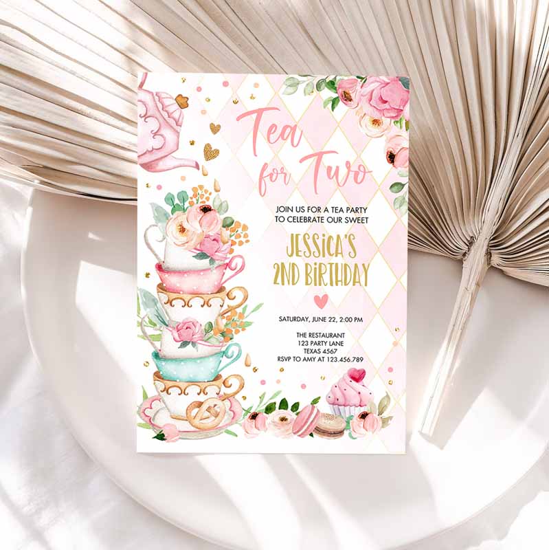 Tea for Two Kids Birthday Invitation, Girl Tea Party, Invite Pink Gold Floral Peach Pink