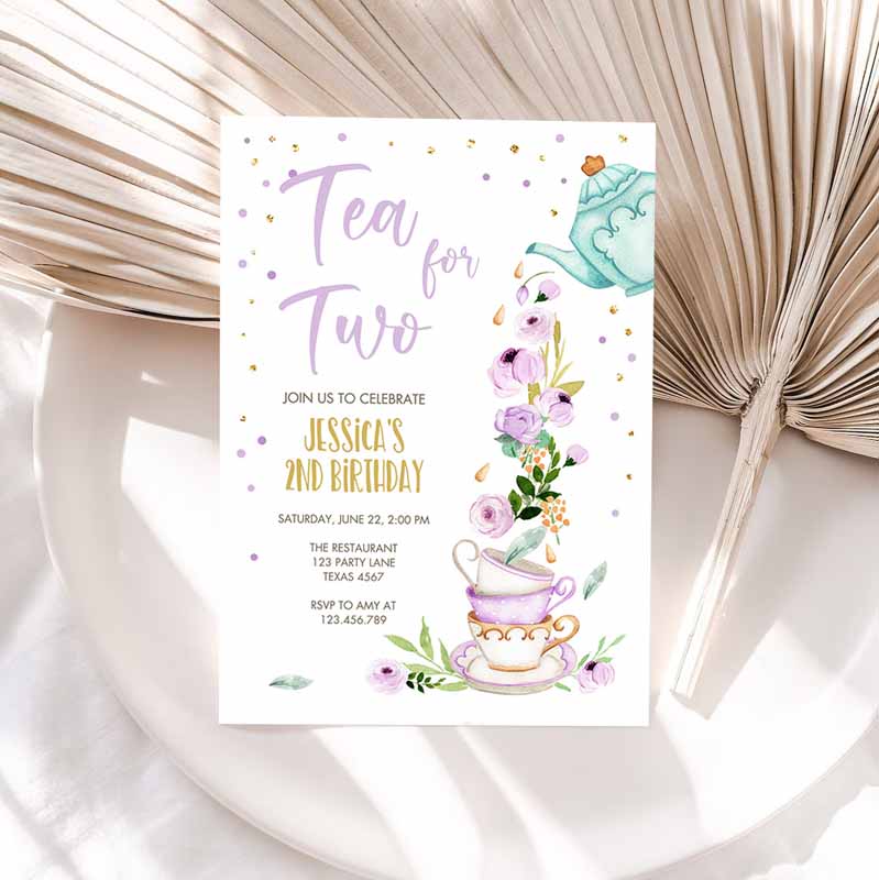 Tea for Two Kids Birthday Invitation, Girl Tea Party, Invite Pink Purple Floral Whimsical