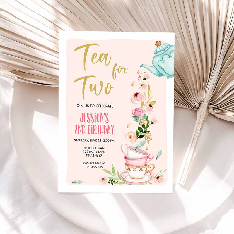 Tea for Two Kids Birthday, Girl Tea Party, Invite Pink Gold Floral Peach Pink