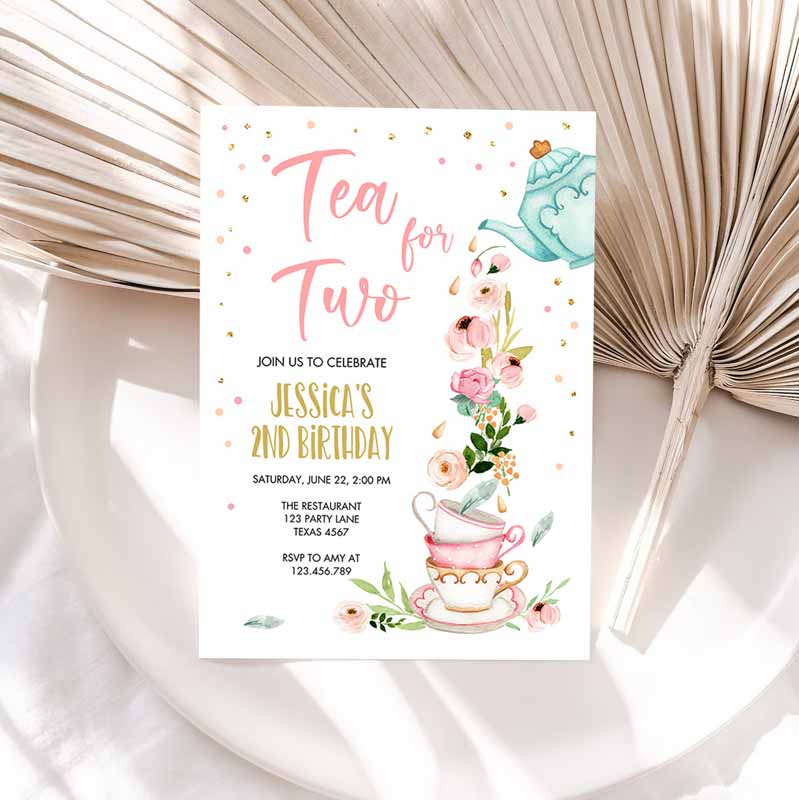 Tea for Two Party Invitation, Girl Tea Party, Invite Pink Gold Floral Peach Pink