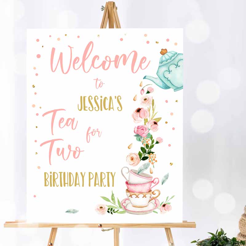 Tea for Two Party, Welcome Sign, Tea Kids Birthday, Welcome Floral Pink Peach Girl Kids Birthday, Garden Party