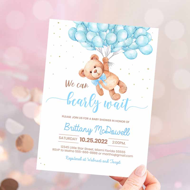 Teddy Bear Baby Shower Invitation, Bearemed Baby Shower Invite Bear With Balloons Invitations