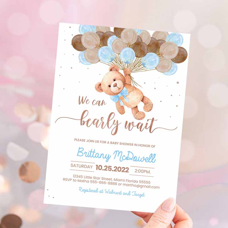 Teddy Bear Baby Shower Invitation, Bearemed Baby Shower Party, Invite Bear with Balloons Invitations