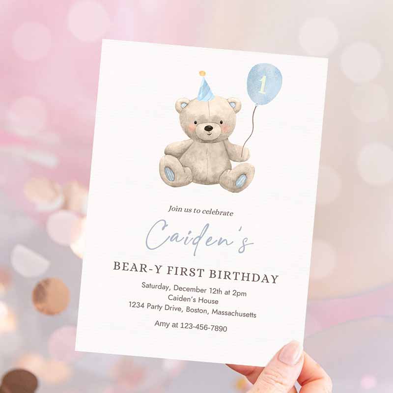 Teddy Bear Kids Birthday Invitation, Blue Boy Teddy Bear Party, Bear-y First Kids Birthday Party, Bear Balloons Kids Birthday Party